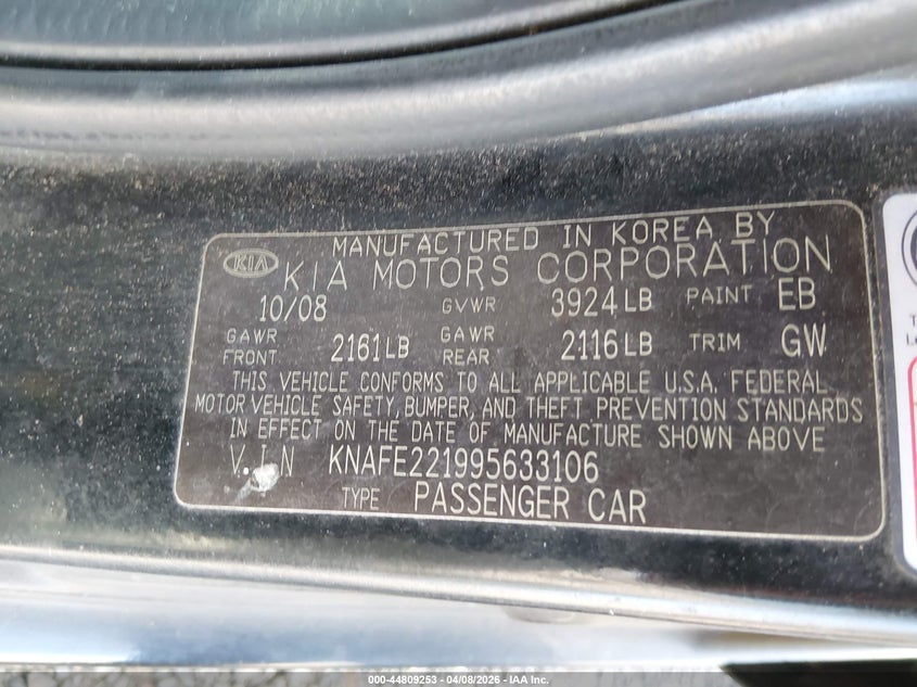2009 Kia Spectra Lx VIN: KNAFE221995633106 Lot: 44809253