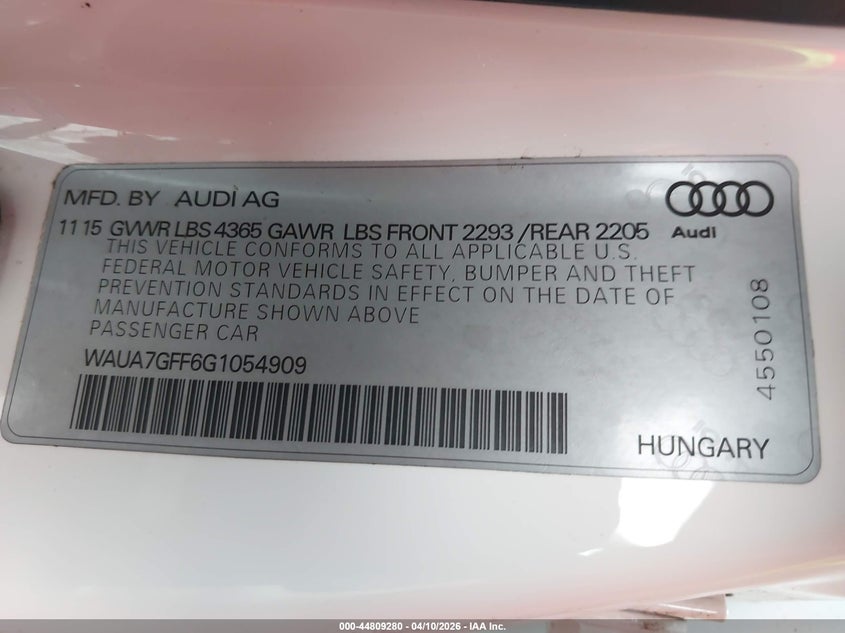 2016 Audi A3 1.8 1.8T Premium white Lot 111044809280 Vin WAUA7GFF6G1054909