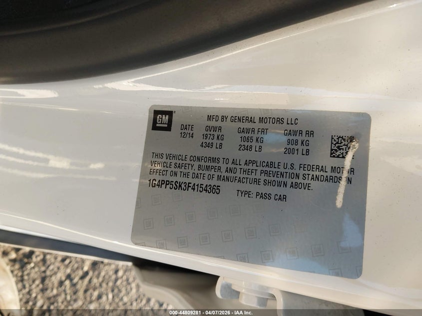 2015 Buick Verano VIN: 1G4PP5SK3F4154365 Lot: 44809281