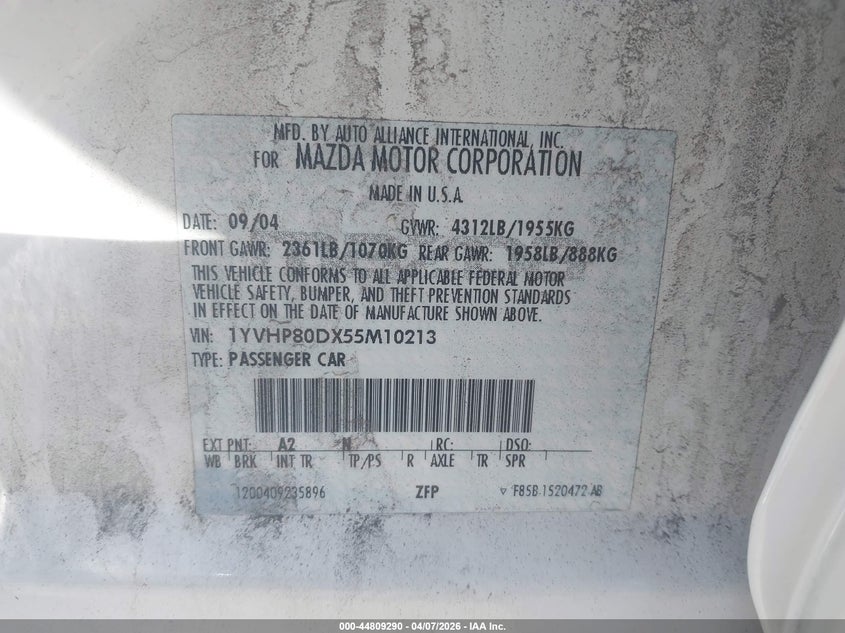 2005 Mazda Mazda6 S Grand Touring VIN: 1YVHP80DX55M10213 Lot: 44809290