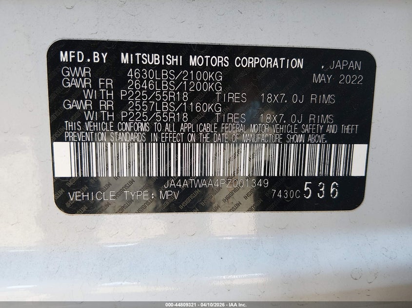 2023 Mitsubishi Eclipse Cross Se S-Awc/Sel S-Awc VIN: JA4ATWAA4PZ001349 Lot: 44809321