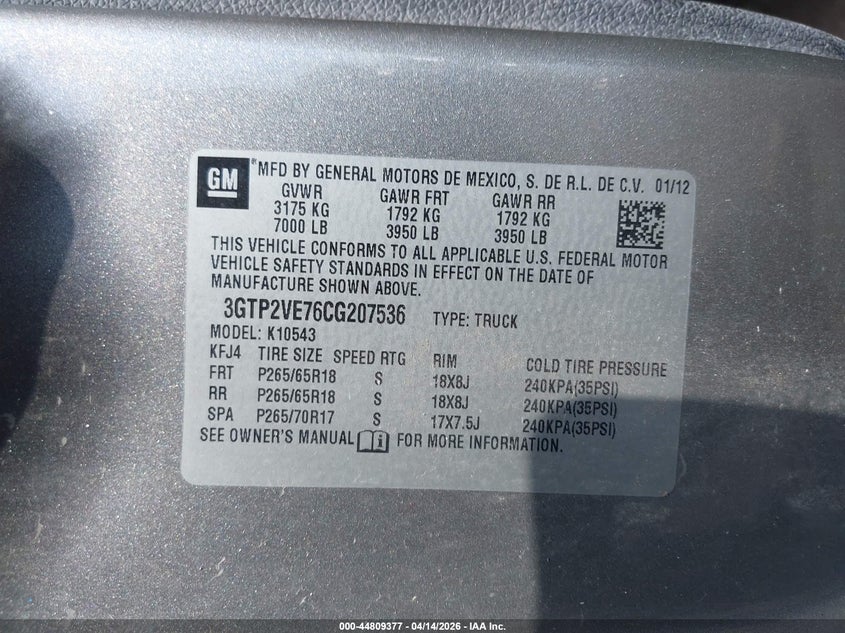 2012 GMC Sierra 1500 Sle VIN: 3GTP2VE76CG207536 Lot: 44809377