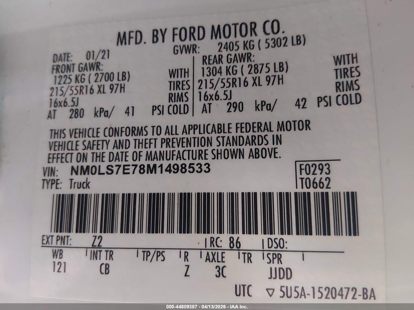 2021 Ford Transit 2.5 Connect Xl white Lot 111044809387 Vin NM0LS7E78M1498533