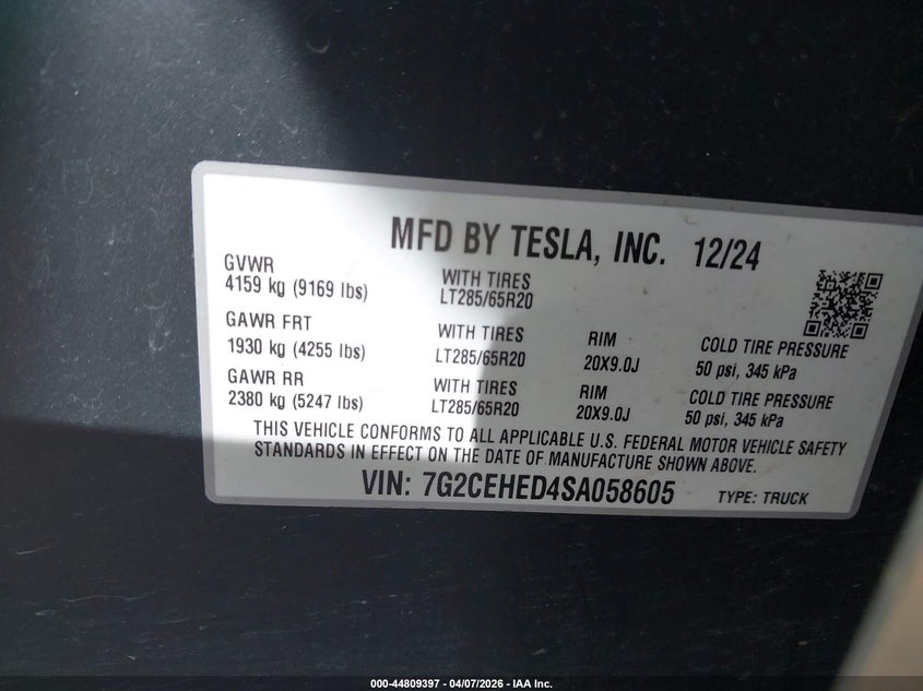 2025 Tesla Cybertruck All-Wheel Drive VIN: 7G2CEHED4SA058605 Lot: 44809397