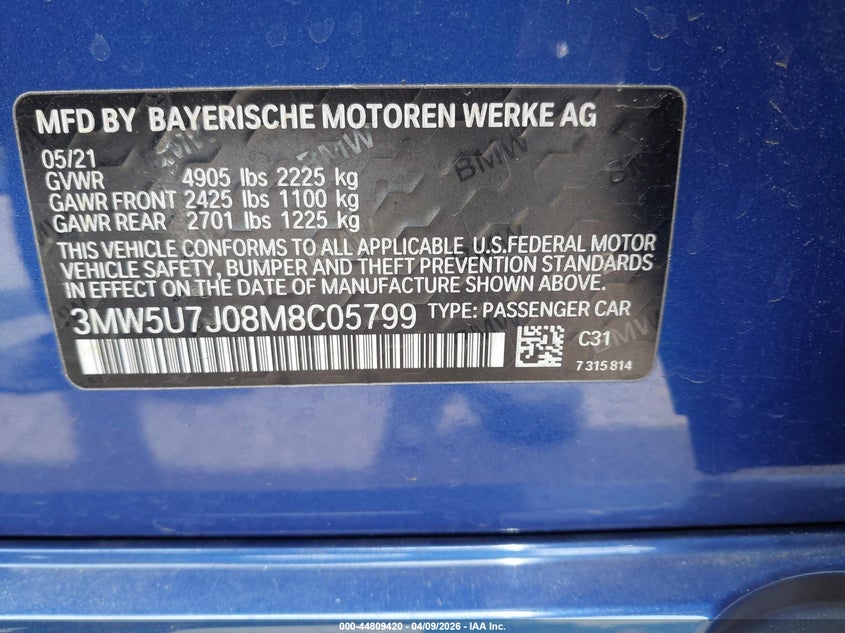 2021 BMW M340I VIN: 3MW5U7J08M8C05799 Lot: 44809420