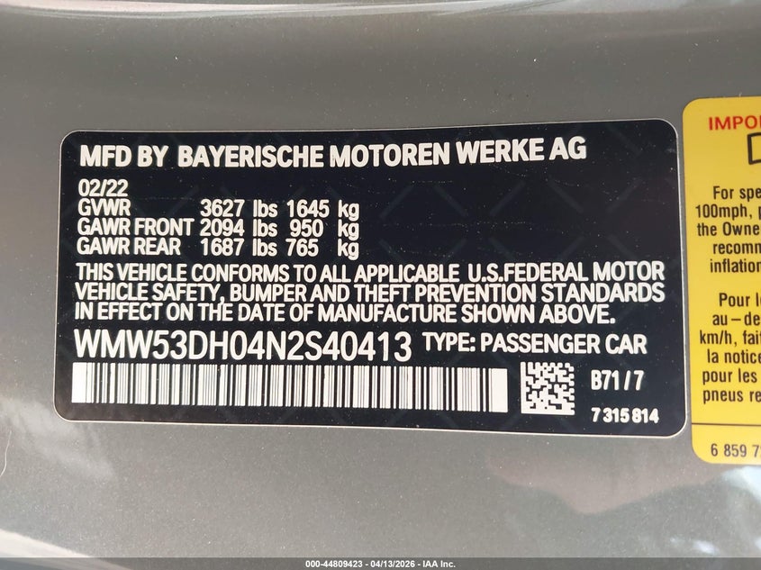 2022 Mini Hardtop Cooper S VIN: WMW53DH04N2S40413 Lot: 44809423