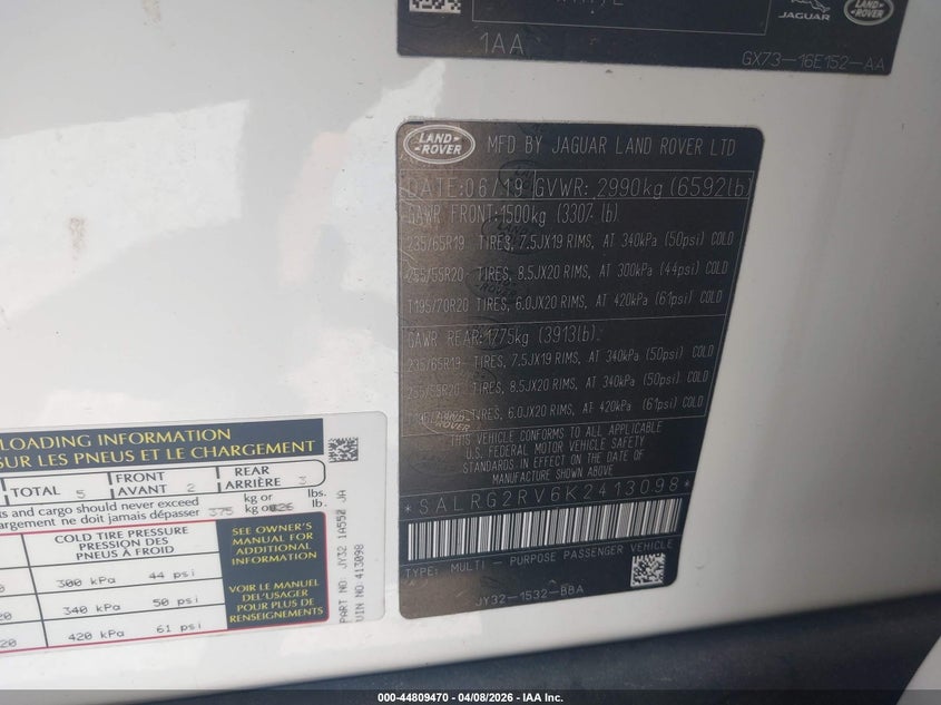 2019 Land Rover Discovery Se VIN: SALRG2RV6K2413098 Lot: 44809470