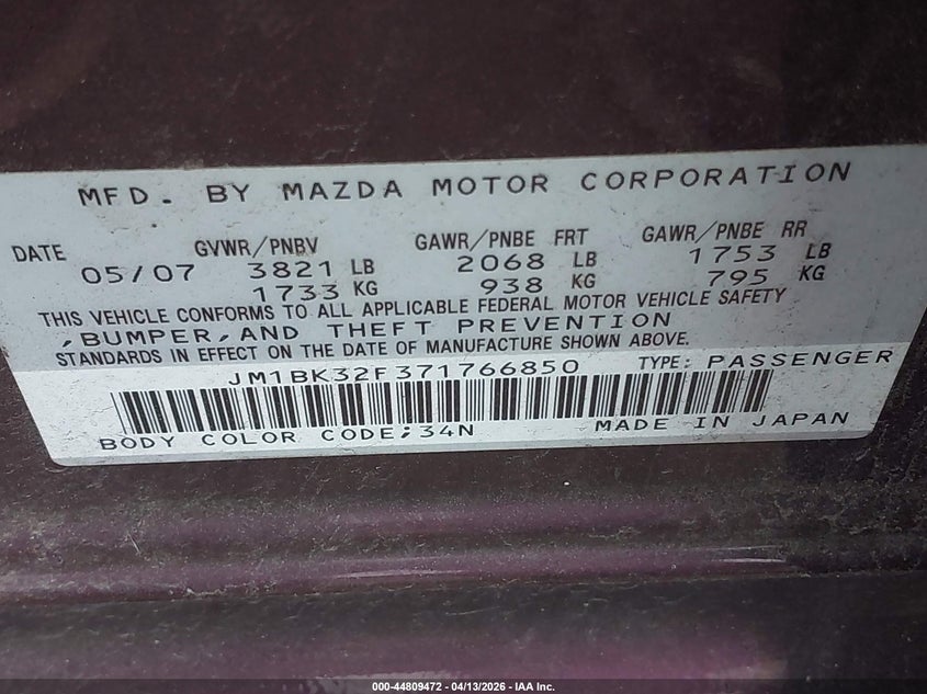 2007 Mazda Mazda3 I Sport VIN: JM1BK32F371766850 Lot: 44809472