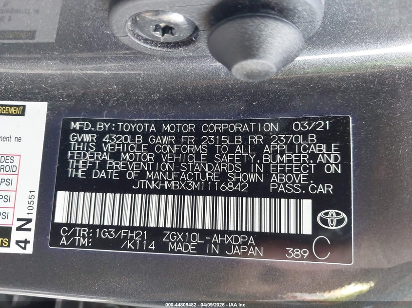 2021 Toyota C-Hr Le VIN: JTNKHMBX3M1116842 Lot: 44809482