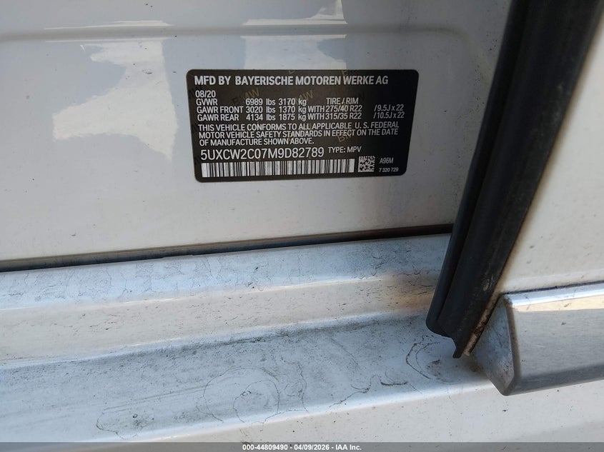 2021 BMW X7 xDrive40I VIN: 5UXCW2C07M9D82789 Lot: 44809490