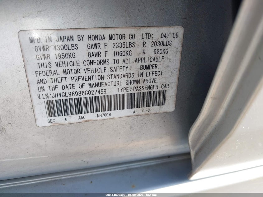2006 Acura Tsx VIN: JH4CL96986C022459 Lot: 44809499