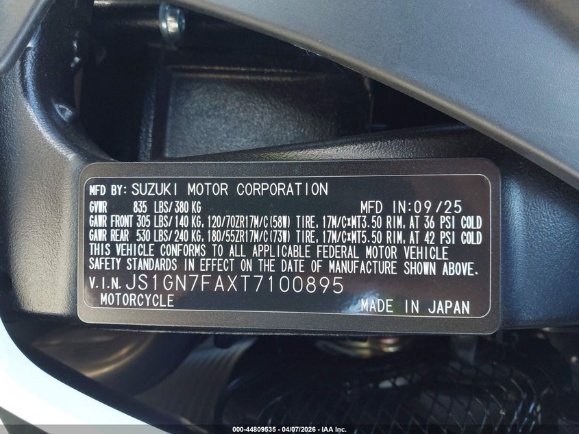 2026 Suzuki Gsx-R600 VIN: JS1GN7FAXT7100895 Lot: 44809535