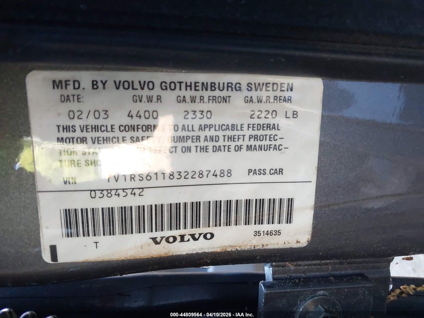 2003 Volvo S60 2.4 VIN: YV1RS61T832287488 Lot: 44809564