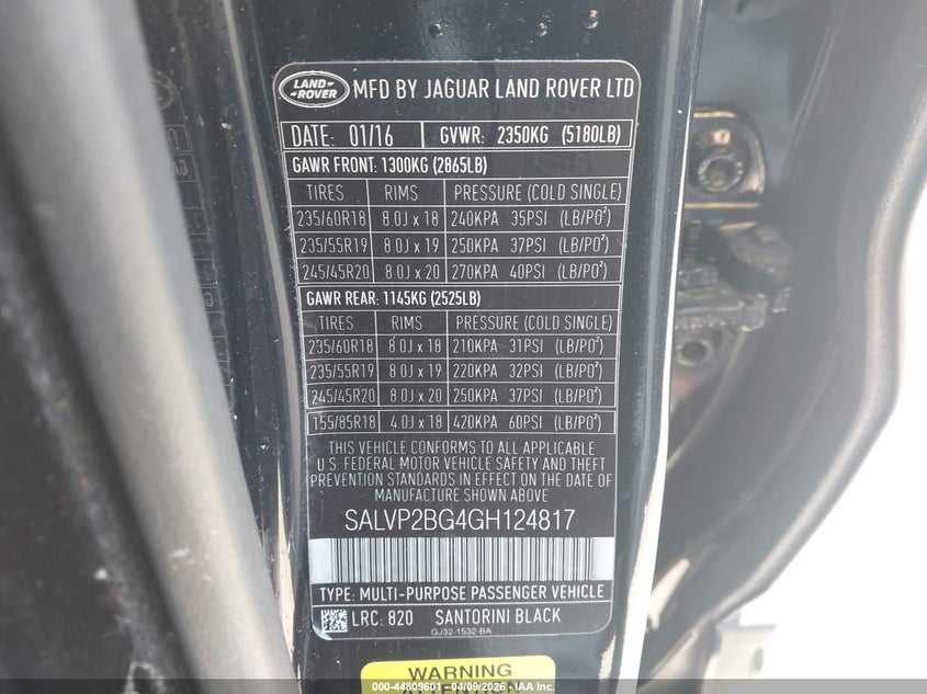 2016 Land Rover Range Rover Evoque Se/Se Premium VIN: SALVP2BG4GH124817 Lot: 44809601