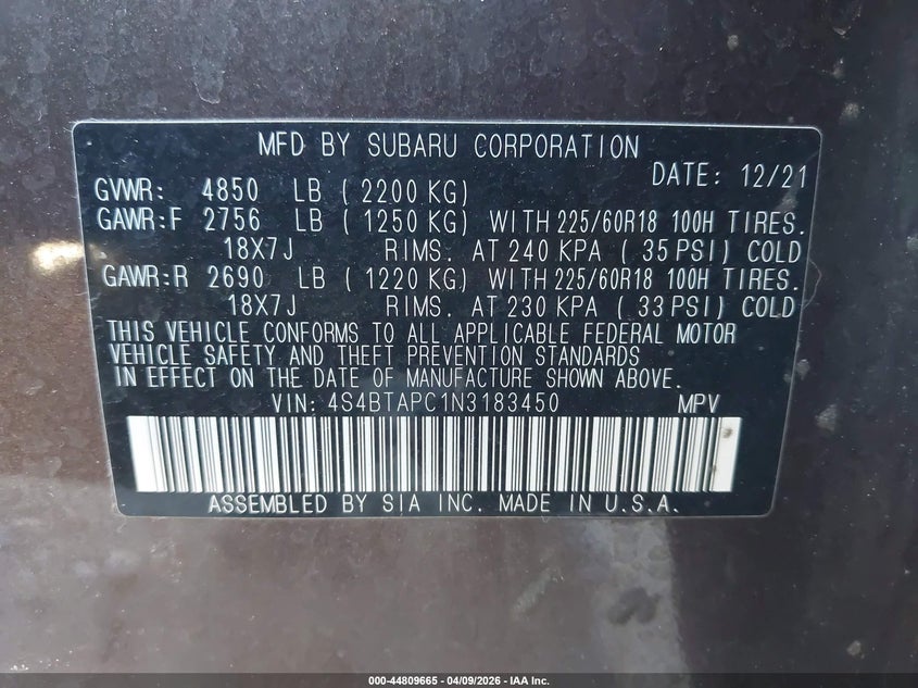 2022 Subaru Outback Touring VIN: 4S4BTAPC1N3183450 Lot: 44809665