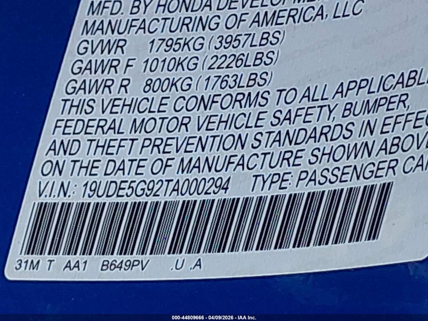 2026 Acura Integra 2.0 Fwd Type S blue Lot 111044809666 Vin 19UDE5G92TA000294
