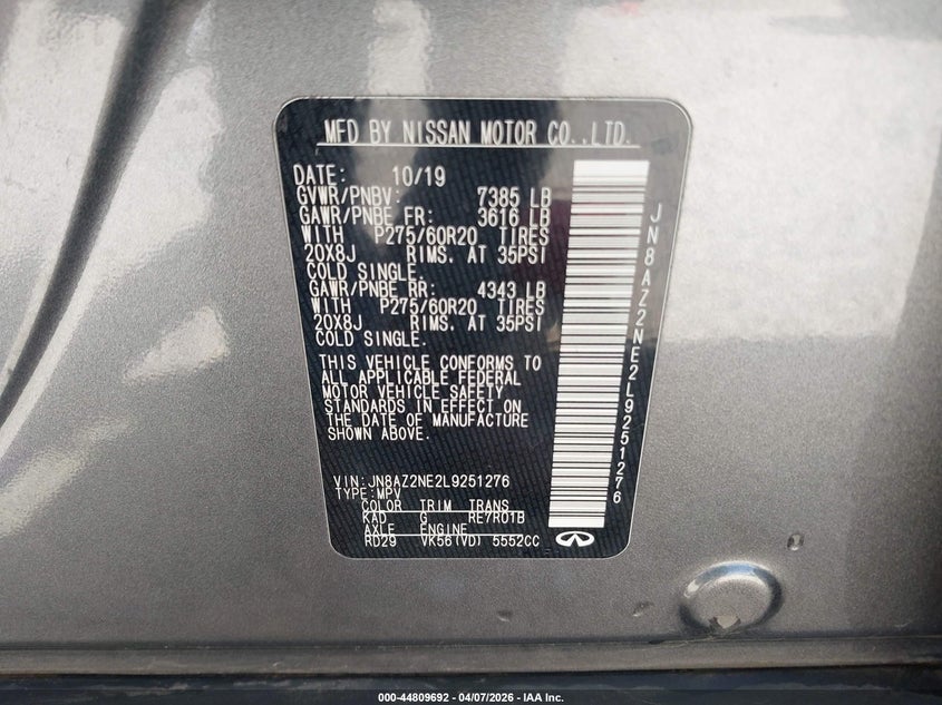 2020 Infiniti Qx80 Luxe Awd VIN: JN8AZ2NE2L9251276 Lot: 44809692