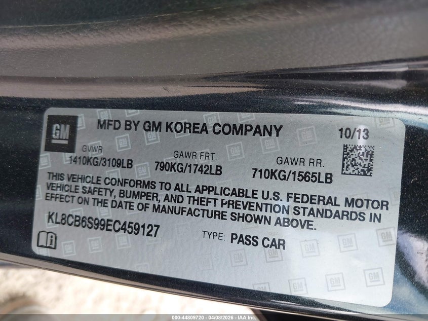 2014 Chevrolet Spark Ls Auto VIN: KL8CB6S99EC459127 Lot: 44809720