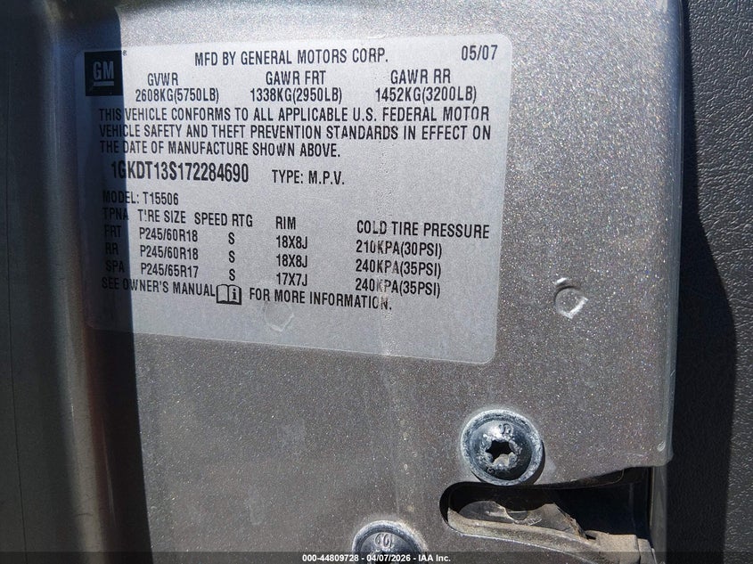 2007 GMC Envoy Sle VIN: 1GKDT13S172284690 Lot: 44809728