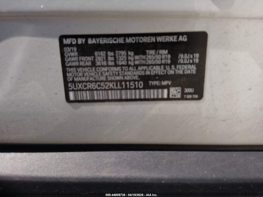 2019 BMW X5 xDrive40I VIN: 5UXCR6C52KLL11510 Lot: 44809736