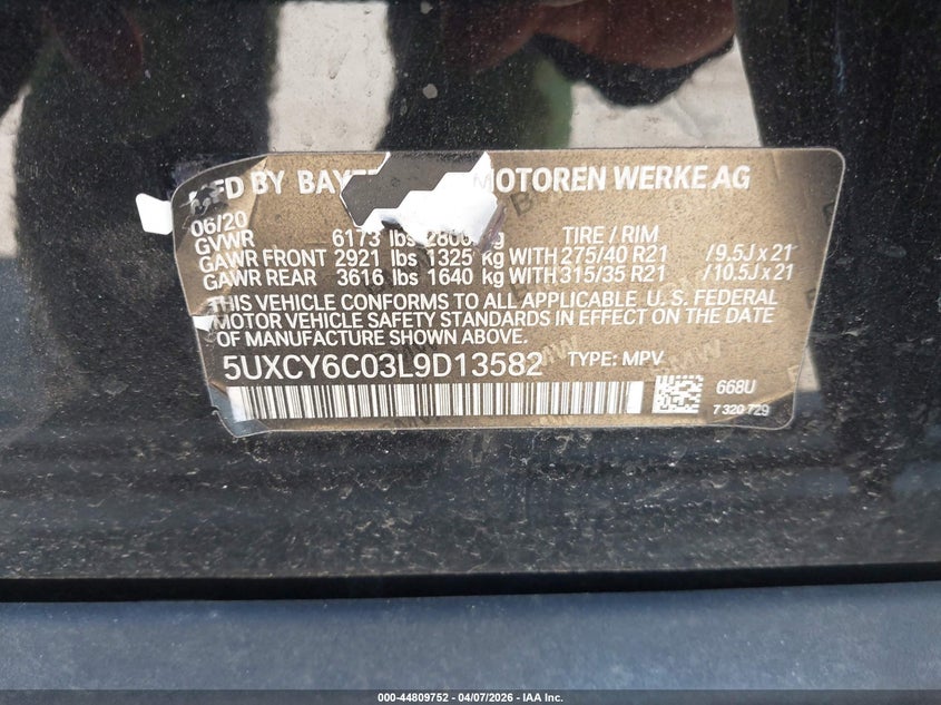 2020 BMW X6 xDrive40I VIN: 5UXCY6C03L9D13582 Lot: 44809752