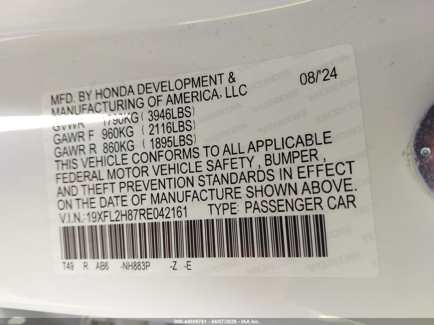 VIN 19XFL2H87RE042161 2024 HONDA CIVIC SPORT