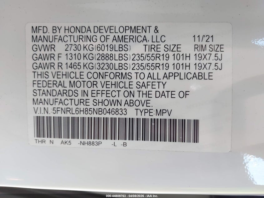 2022 Honda Odyssey Touring VIN: 5FNRL6H85NB046833 Lot: 44809763