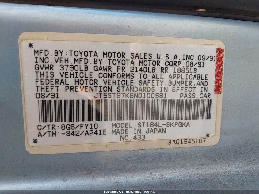 1992 Toyota Celica Gt VIN: JT5ST87K6N0100581 Lot: 44809775