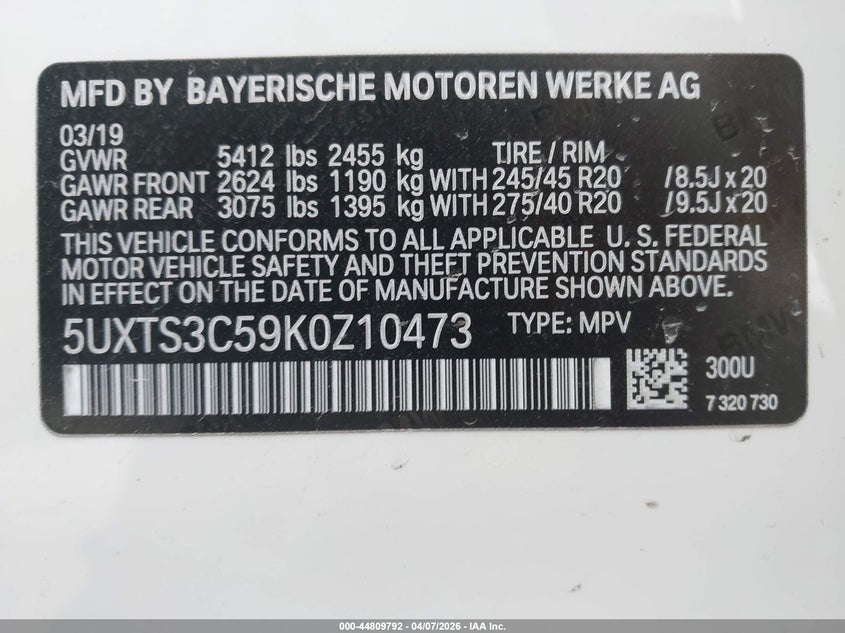 2019 BMW X3 3.0 M40i White Lot 111044809792 Vin 5UXTS3C59K0Z10473