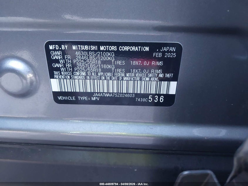 2025 Mitsubishi Eclipse Cross Black Edition S-Awc VIN: JA4ATWAA7SZ024603 Lot: 44809794