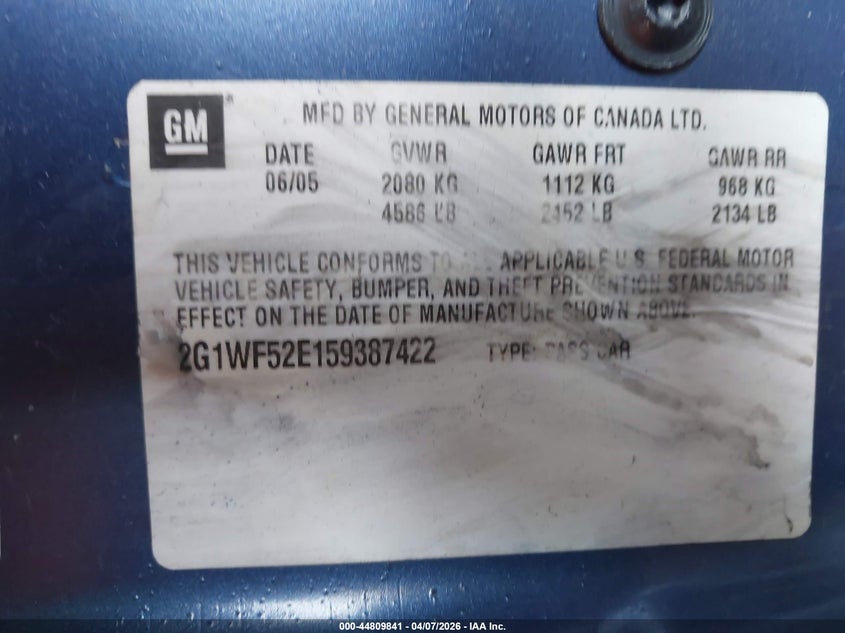 2005 Chevrolet Impala VIN: 2G1WF52E159387422 Lot: 44809841