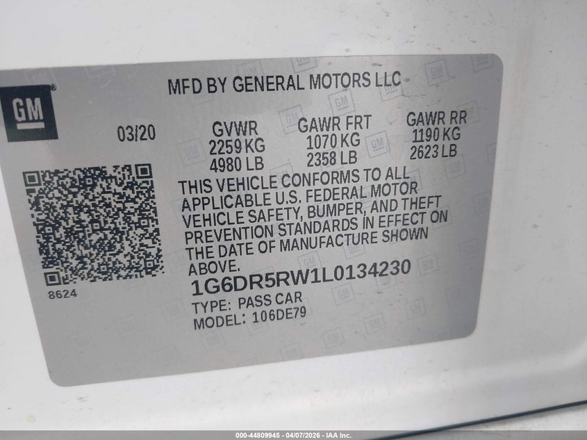 2020 Cadillac Ct5 V-Series VIN: 1G6DR5RW1L0134230 Lot: 44809945