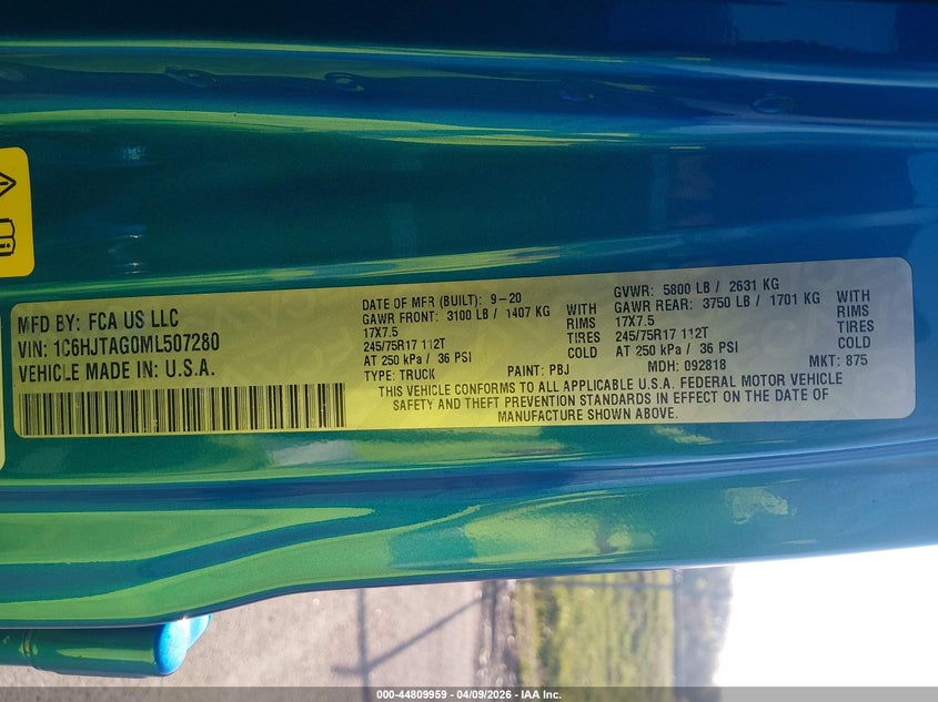 2021 Jeep Gladiator Sport S 4X4 VIN: 1C6HJTAG0ML507280 Lot: 44809959