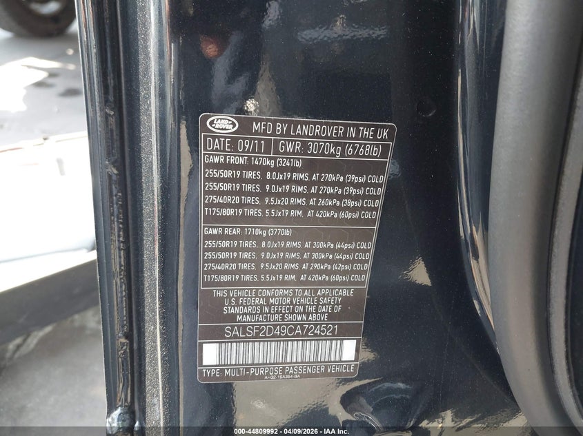 2012 Land Rover Range Rover Sport Hse VIN: SALSF2D49CA724521 Lot: 44809992