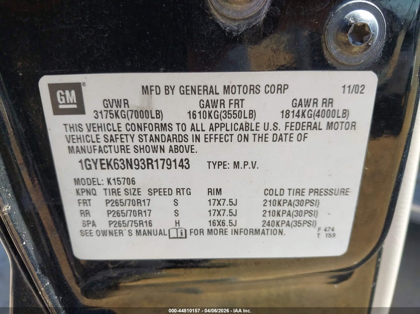 2003 Cadillac Escalade Standard VIN: 1GYEK63N93R179143 Lot: 44810157