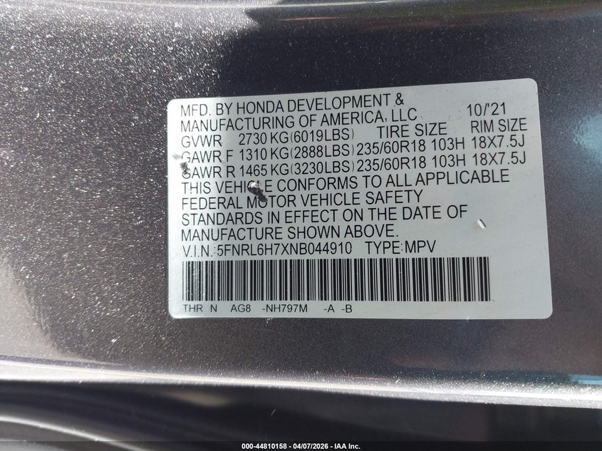 2022 Honda Odyssey Ex-L VIN: 5FNRL6H7XNB044910 Lot: 44810158