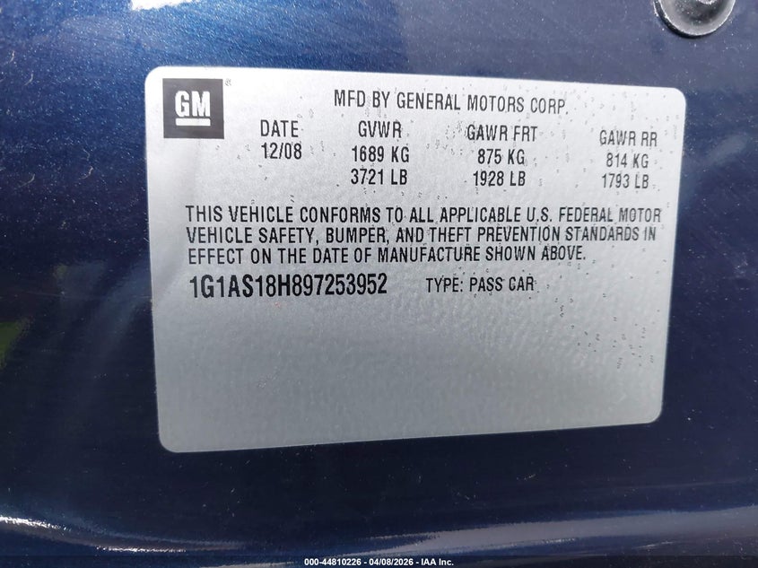 2009 Chevrolet Cobalt Ls VIN: 1G1AS18H897253952 Lot: 44810226