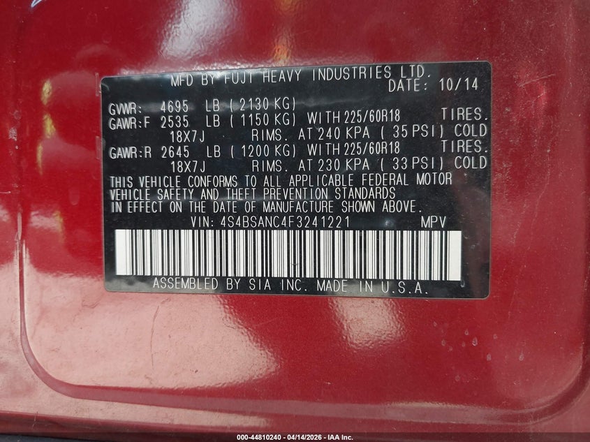 2015 Subaru Outback 2.5I Limited VIN: 4S4BSANC4F3241221 Lot: 44810240