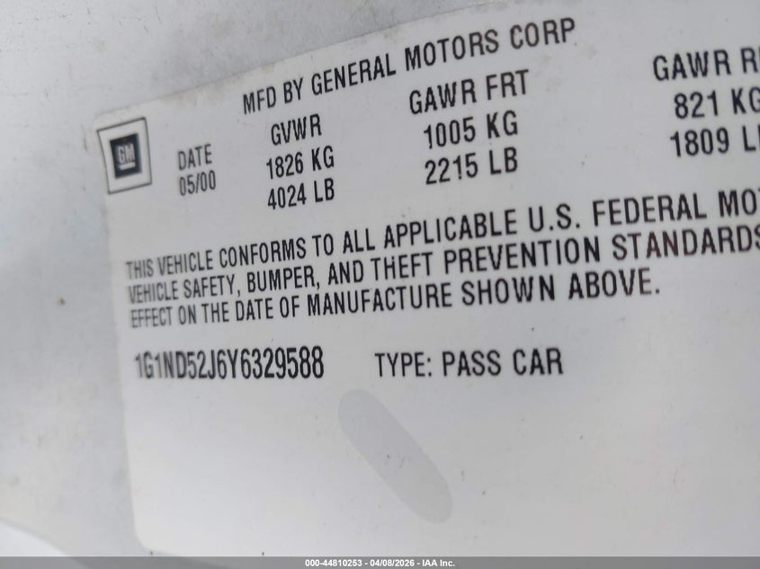 2000 Chevrolet Malibu VIN: 1G1ND52J6Y6329588 Lot: 44810253