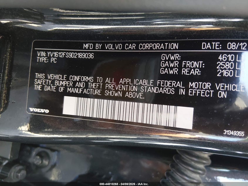 2013 Volvo S60 T5/T5 Platinum/T5 Premier/T5 Premier Plus VIN: YV1612FS9D2189036 Lot: 44810268
