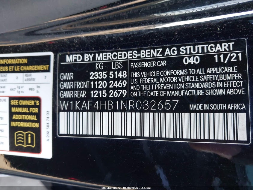 2022 Mercedes-Benz C 300 4Matic VIN: W1KAF4HB1NR032657 Lot: 44810272