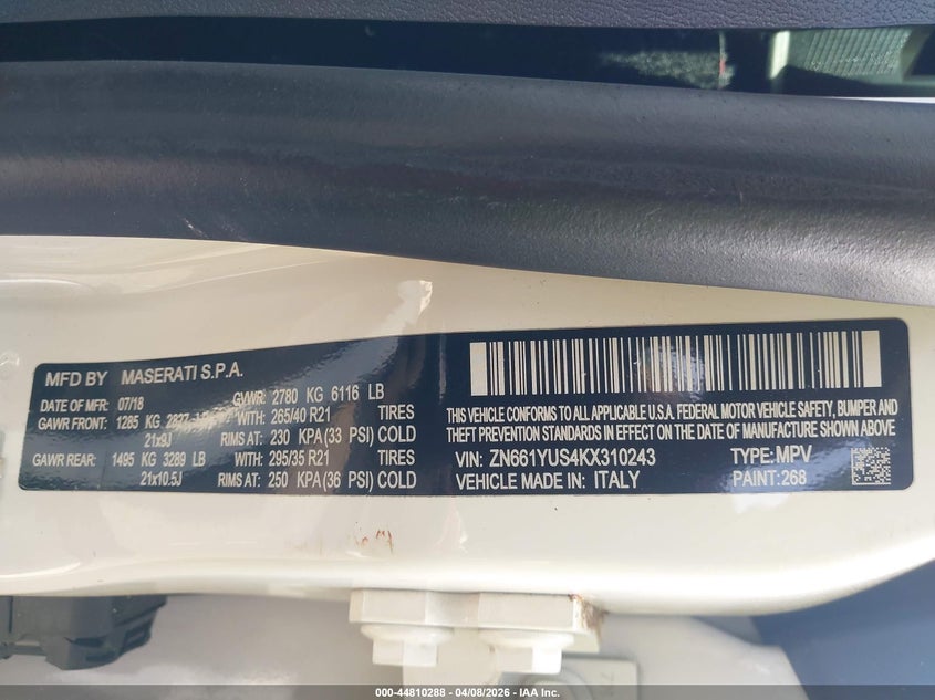 2019 Maserati Levante S Gransport VIN: ZN661YUS4KX310243 Lot: 44810288