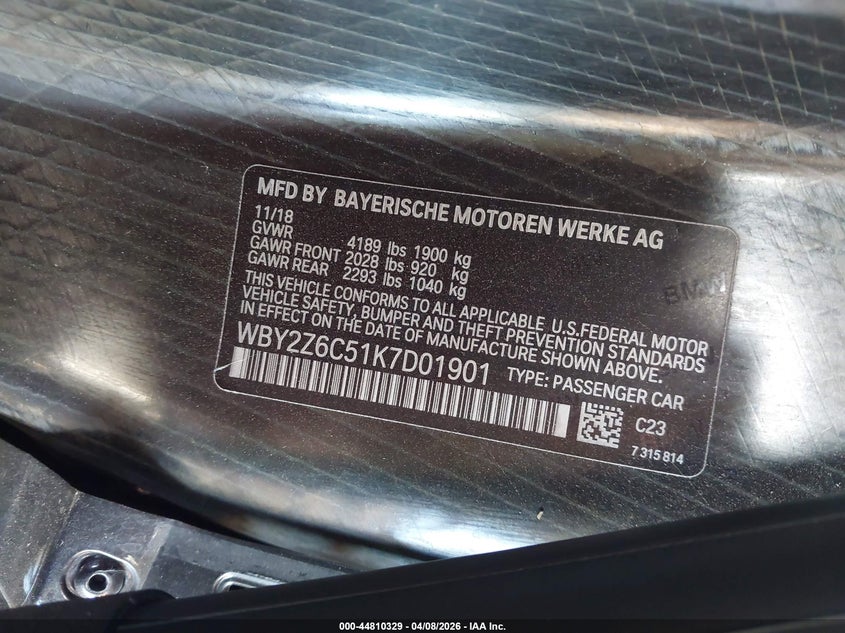 2019 BMW I8 VIN: WBY2Z6C51K7D01901 Lot: 44810329