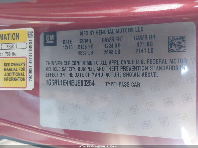 2014 Cadillac Elr Standard VIN: 1G6RL1E44EU600264 Lot: 44810354