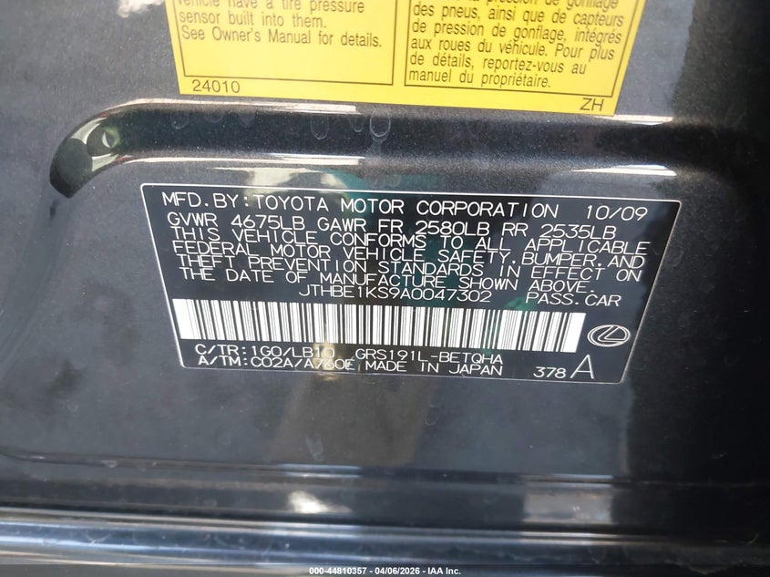 2010 Lexus Gs 350 VIN: JTHBE1KS9A0047302 Lot: 44810357