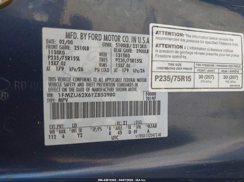 2000 Ford Explorer Xls VIN: 1FMZU62X6YZB53980 Lot: 44810362