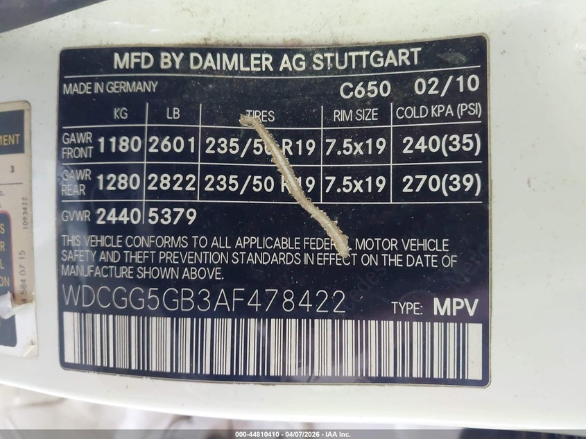 2010 Mercedes-Benz Glk 350 VIN: WDCGG5GB3AF478422 Lot: 44810410