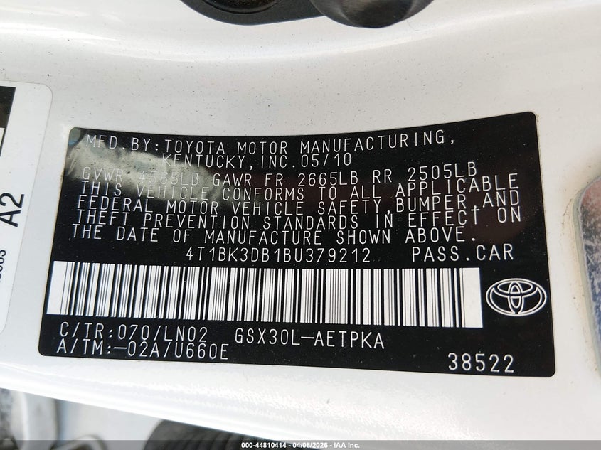 2011 Toyota Avalon Limited VIN: 4T1BK3DB1BU379212 Lot: 44810414