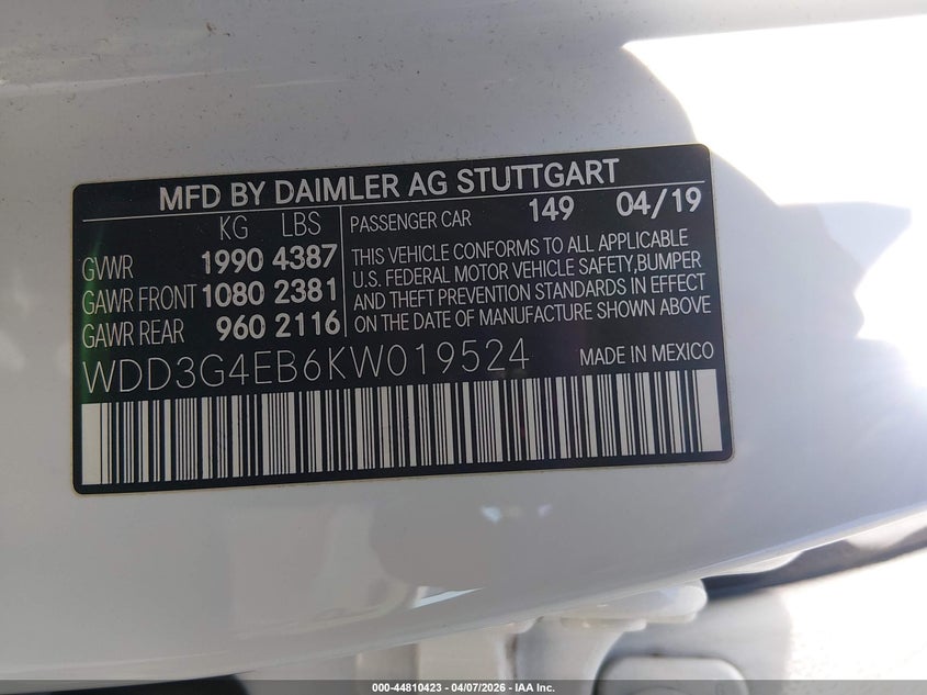 2019 Mercedes-Benz A 220 VIN: WDD3G4EB6KW019524 Lot: 44810423