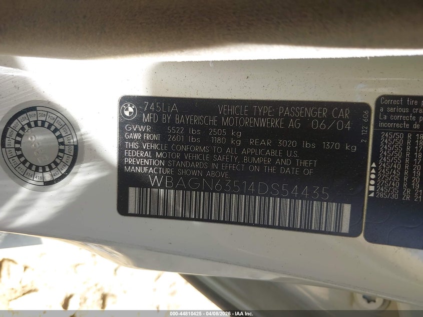 2004 BMW 745Li VIN: WBAGN63514DS54435 Lot: 44810425